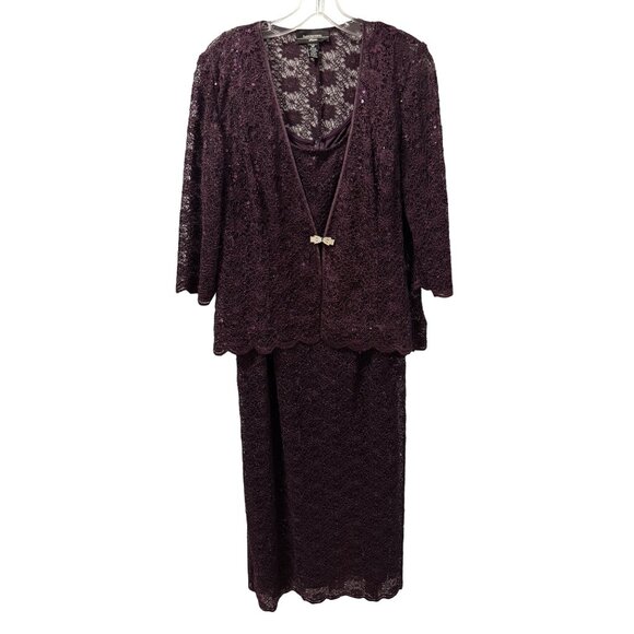 R & M Richards Womens 2-Piece Plum Lace Jacket & Dress Set Size 14P Outfit - Picture 1 of 12